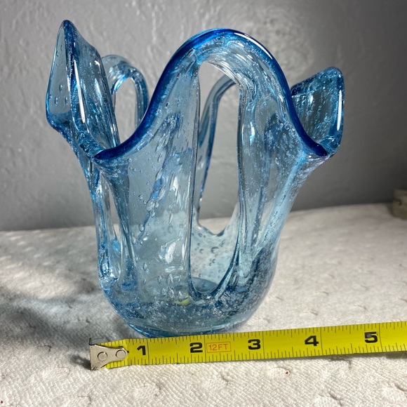 Vintage Blue Hand Blown Stretch Bubble Candle Art Glass Design Holder - Picture 10 of 11